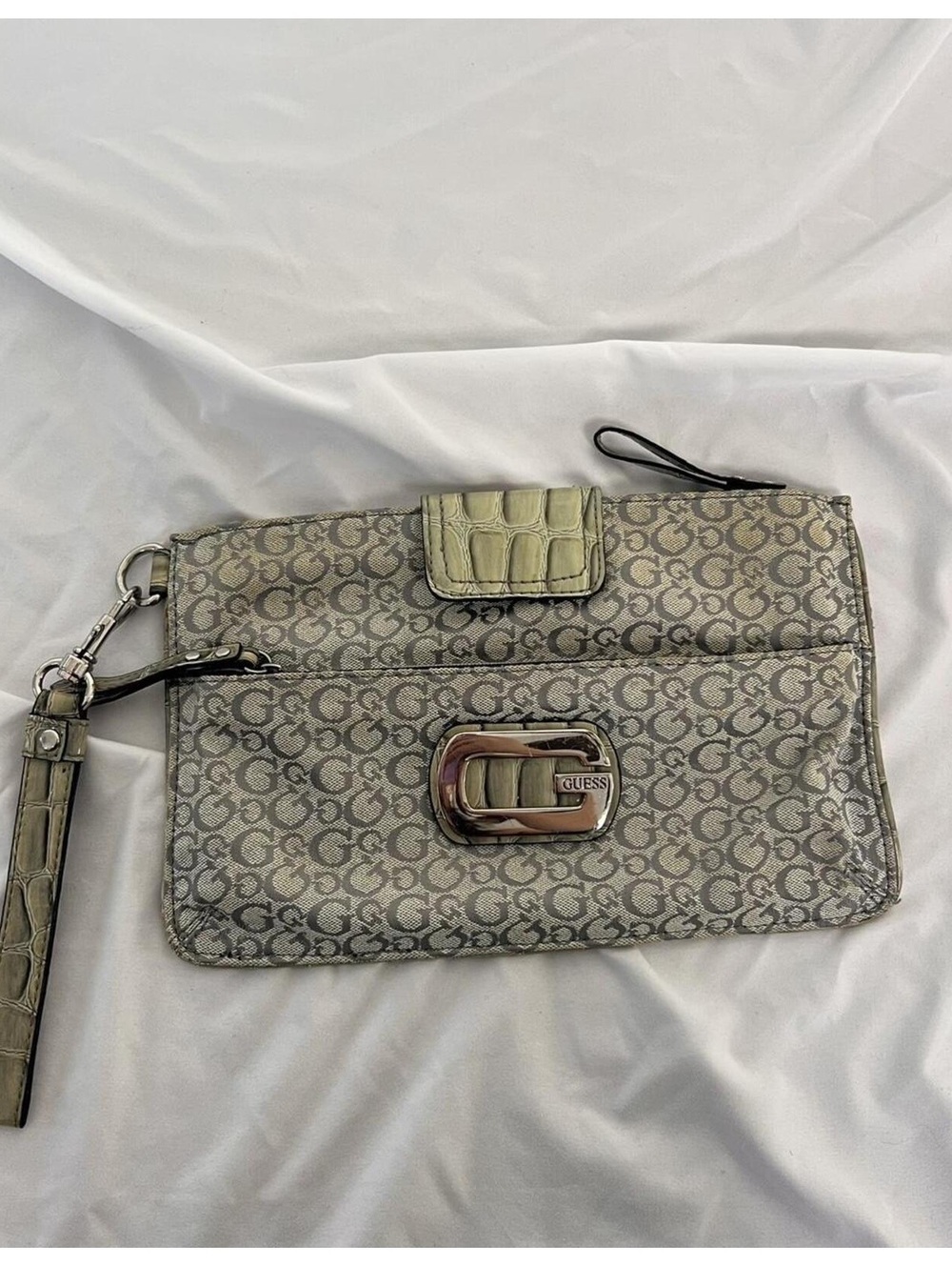 Vintage Y2K Guess monogram canvas wristlet with faux crocodile trim.